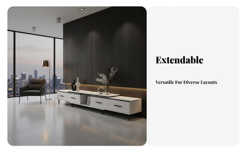 2 Pieces Scratch Resistant Extendable TV Stand and Coffee Table Set Easy to Clean Modern Sintered Stone Media Console Long-Lasting Construction Coffee Table and TV Stand Set Accommodates Large TVs for Small Apartment Dwellers, Living Room