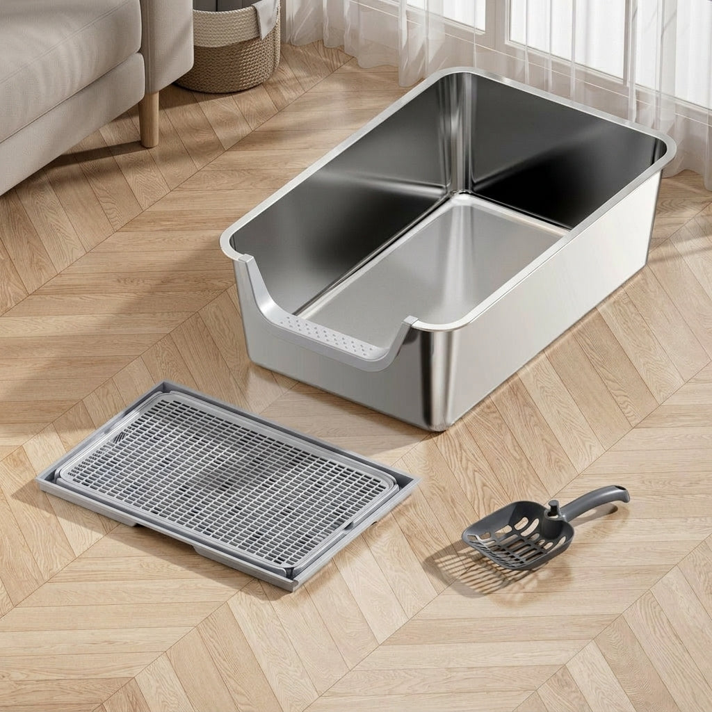 Open high-sided tray with High Sided Steel Tray, Large Open feline Toilet and Pan for Indoor Cats Leak resistant Design
