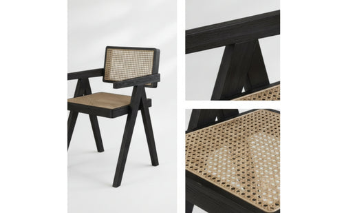 Black Wood Dining Chair with Woven Seat Mid-Century Dining Chair Arched Back Kitchen Chairs Comfortable for Reading Corner