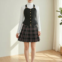 Pleated Cosplay Outfit with Vest Layered Cosplay Costume High-Neck School Outfit Sleeveless for Cosplayers