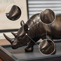 Bronze Figurine Rhinoceros Sculpture Resin Ornament Pedestal Base Glossy Surface for Office, Desktop