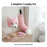 Faux Animal Cosplay Set Furry Face Covering Tail Gloves Set Fuzzy With Bells Costume Accessories for Women, Teens, Halloween,