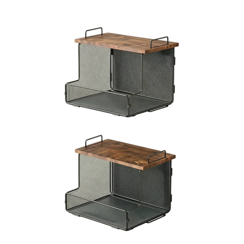 Wall-Mounted Kitchen Storage Rack Sturdy Mesh Wire Fruit Basket Shelf with Wooden Top Functional for Pantry
