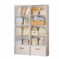 Space Saving Shelving Unit with Curtain Easy Assembly Portable Clothes Closet Large Capacity Freestanding Wardrobe with Drawers Sturdy Construction for Students, Renters, Dorm Room, Bedroom, Small Apartment