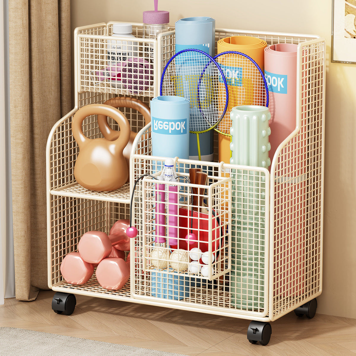 Yoga Mat Storage Basket with Wheels for Sports Equipment