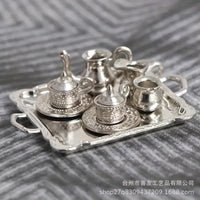 Dollhouse Miniature Alloy Afternoon Tea Set for Kitchen Micro Scene Photography Prop