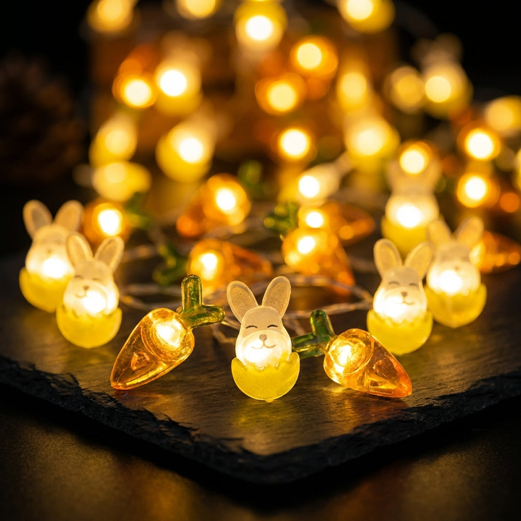 Hare Carrot Egg Lights Cute Design Hare Carrot Flexible Copper Wire Easter String for Kids, Parents, Bedroom, Mantel, Garden