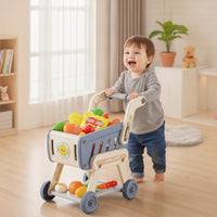 Push-Along Toy Shopping Cart with Food Role-Playing Kids Grocery Cart with Play Food Stable Imaginative for Toddlers, Children, Playroom, Home, Nursery