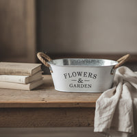 Galvanized Metal Planter with Rope Handles Vintage Oval Planter Rustic Flower Pot with Handles Farmhouse for Tabletop, Windowsill, Shelf