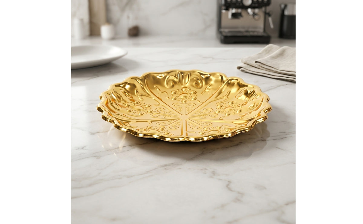 Metal Tray with Scalloped Edge Round Embossed Floral Tray Decorative Metal for Dressing Table, Photo Prop