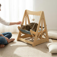 Wooden Pet Swing Bed Blue Plaid Feline Swing Bed Hanging Toy