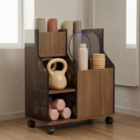 Caster Wheels Wheeled Storage Rack Open Front Exercise Mat Rack Wood Grain Exercise Storage Cabinet Compact