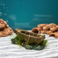 Mediterranean Style Resin Lighthouse Fish Tank Ornament with Small Wooden Boat and Reef Decor
