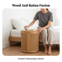 Multi-Functional Round Woven Side Table with Lid Japanese Inspired Design Round Side Table with Storage Space-Saving Organizer Basket Decorative Design for Apartment Dwellers, Homeowners, Interior Decorators, Bedroom, Living Room, Small Areas, Entryway