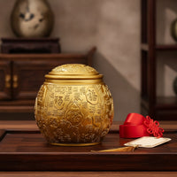 Embossed Storage Jar Chinese-Style Metal Canister with Lid Gold-Colored