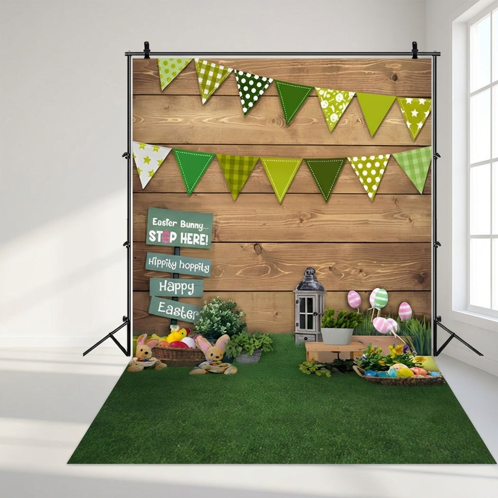 Happy Easter Photography Backdrop Rustic Wooden Wall and Grass Photo Background with Bunny Eggs Signpost Studio Props for Kids Spring Party Decoration Portrait Shoot