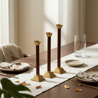 3 Pieces Modern-Retro Taper Candle Holder Brass-Colored Taper Candle Holder with Metal Cup Slim Candlestick with Wooden Stem Tapered for Tabletop, Dining Table, Mantel