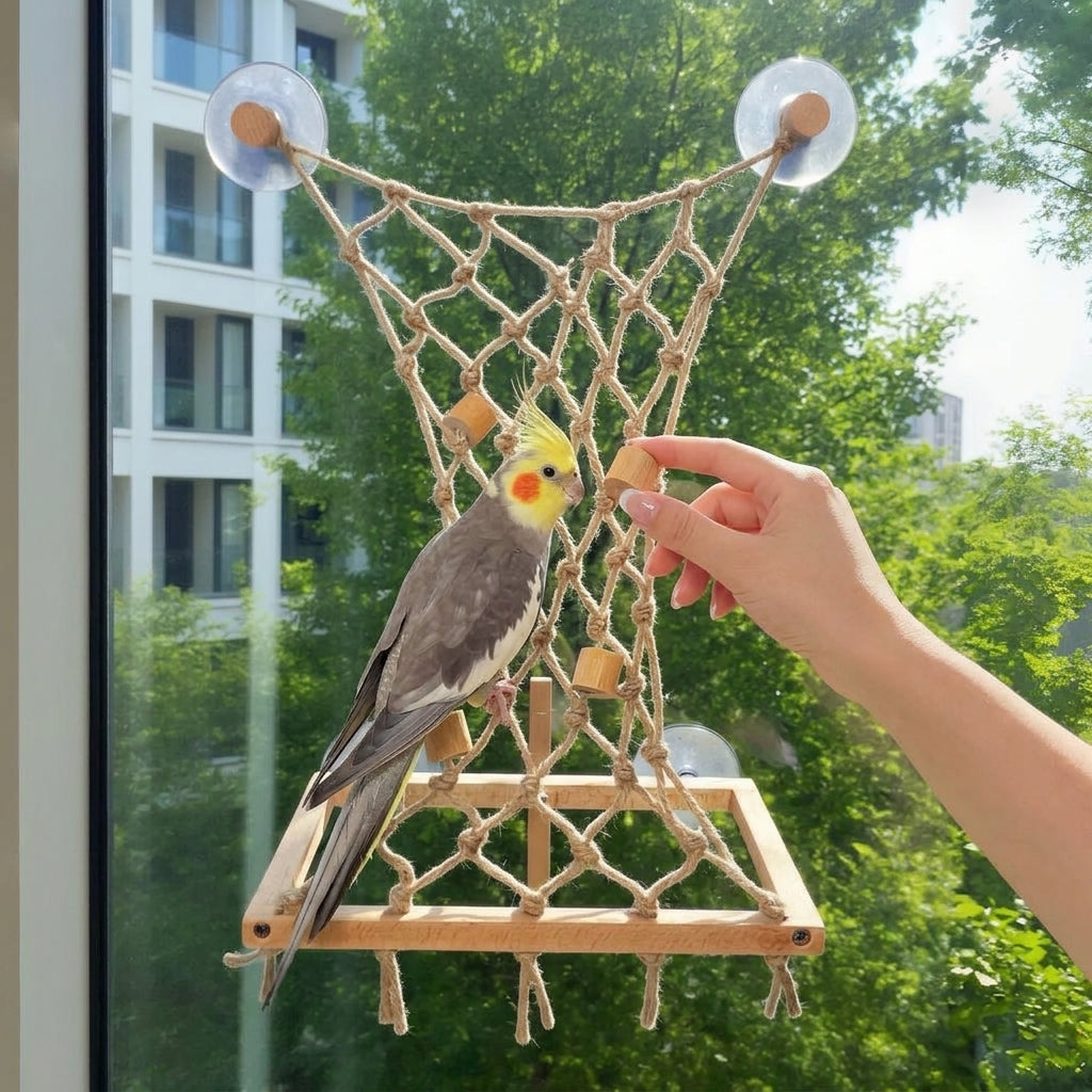 Parrot Multi-purpose Glass Suction Perch Vine Swing Bird Toy with Hemp Rope and Wood Stand