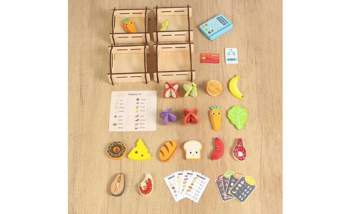 Tabletop Wooden Pretend Supermarket Educational Wooden Grocery Store Play Set Educational Toy Checkout Counter with Crates Interactive for Children, Toddlers, Preschoolers, Playroom, Classroom, Daycare
