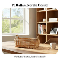 Woven Rectangular Bin with Handles Imitation Rattan Design for Kitchen, Students