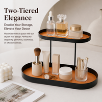 Black Metal Two Tier Tray, Oval Storage Tray with Leather Trim, 20x15.5x17cm Console Table Display Stand