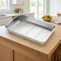 Stainless Steel Tray with Lid, 200mm Deep Basin Tray and Draining Tray, Rustproof Oil Draining Pan, Rectangular Basin for Food Cooking Tray