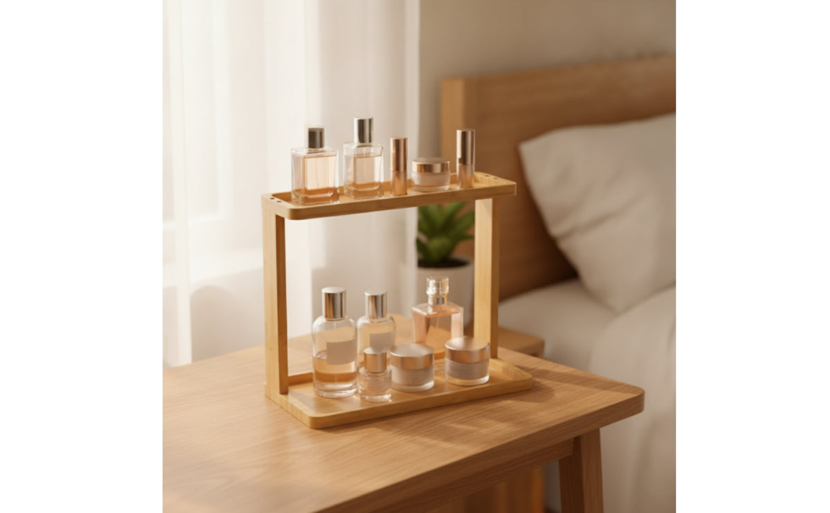 Water-Resistant Bamboo Shelf with Two Tiers Space-Saving Countertop Rack Organizer Compact Bamboo Storage Rack Natural for Bathroom Vanity, Dresser