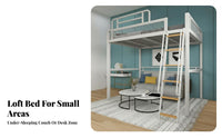Space-Saving Metal Frame Loft Bed Safety Guardrail Metal Loft Bed Full-Length Guardrails Bedroom Furniture Heavy Duty for Students, Adults, Teens, Dormitory, Dorm Room, Small Apartment