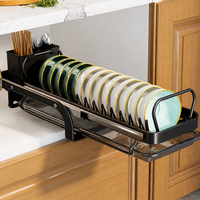 Black Carbon Steel Dish Drying Rack, Matte Pull-Out Dish Rack with Tray, Rust Resistant Dish Drainer for Limited Bench Space