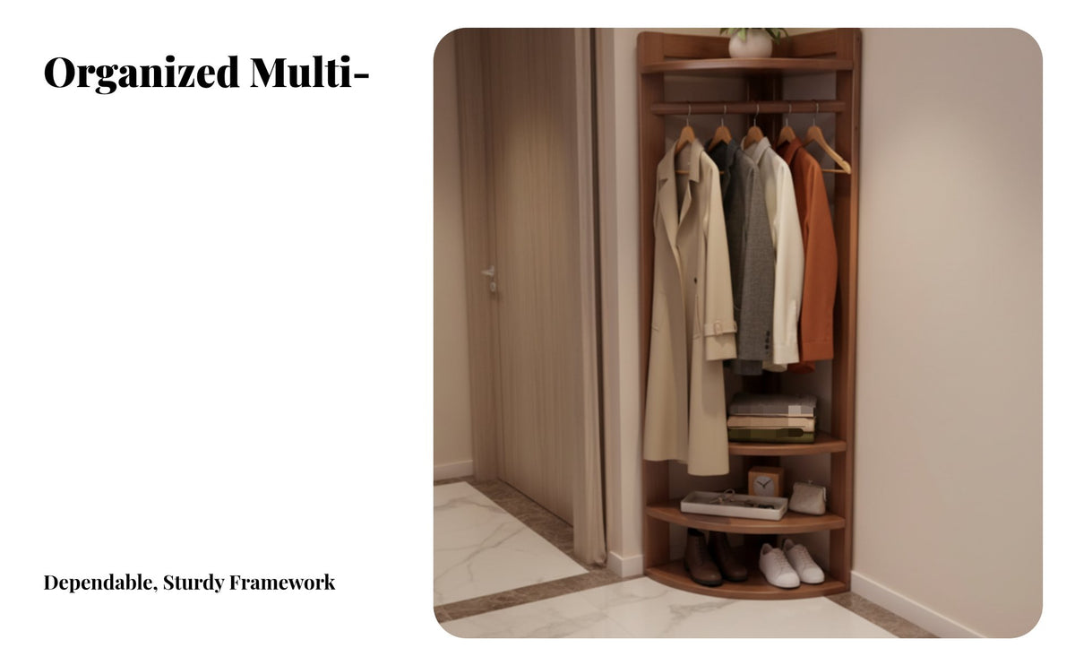 Space-Saving Corner Hall Tree with Shelves Sturdy Construction Unattachedstanding Organizer with Hooks and Shelves Multi-Functional Clothing Stand Stable Base for Homeowners, Students, Families, Bedroom, Entryway, Living Room, Apartment