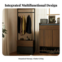 Nightstand with Clothes Hanger Integrated Storage Bedroom Furniture Multi-Functional Space-Saving for Dorm Room, spacious Closet