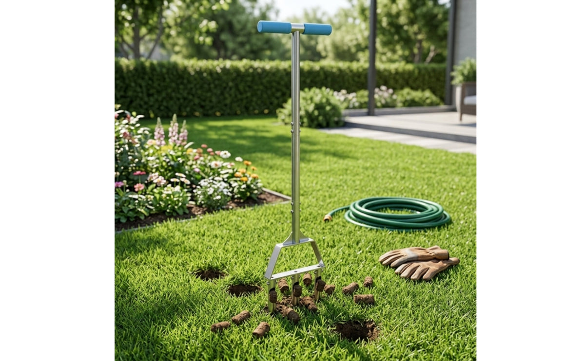 Lawn Aerator with 3 Hollow Tines Heavy Duty Manual Lawn Aerator Replaceable Soil Core Sampler with T-Handle for Homeowners, Gardeners, Yard Inspection