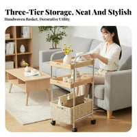 2-Tier Rolling Table Rattan Weave Accent 2-Tier Rolling Organizer Mobile Design Wood Top for Apartment Dwellers, Students