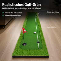300cm Putt Mat with Artificial Turf, Non-Slip Golf Mat for Indoor Training, Portable, Realistic Grass Texture, Practice Holes, Flags