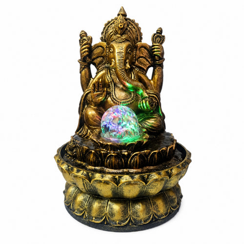 Antique Gold Ganesha Statue Fountain Indoor Deity Statue Fountain Decorative Tabletop for Home Altar, Meditation Room, Office Desk