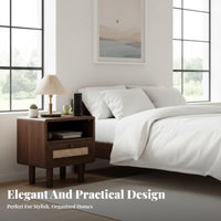Nightstand with Rattan Drawer Retro Design Rattan Front End Table for Homeowners