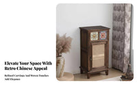 Rattan Door Console Modern Chinese Design Accent Cabinet with Woven-Panel Doors Vintage Aesthetic Multi-Functional for Entryway