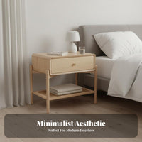 Nightstand with Storage Rattan Design Single-Drawer Stand with Woven Shelf