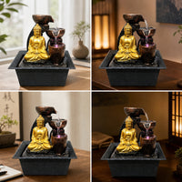 Layered Buddha Fountain with Black Tray Compact Buddha Statue Fountain Sculpted Small for Meditators, Office