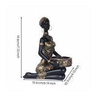Black Woman Statue Storage Ornament Tabletop Display Tribal-Influenced Candle Holder Gilded Detail Ethnic Lady Ornament for Entryway