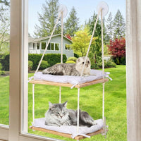 Cat Hammock Window Perch with 2 Levels, Solid Wood Hanging Bed for Large Indoor Cats, Suction Cup Mounted Smooth Textile Double Tier Rest Area