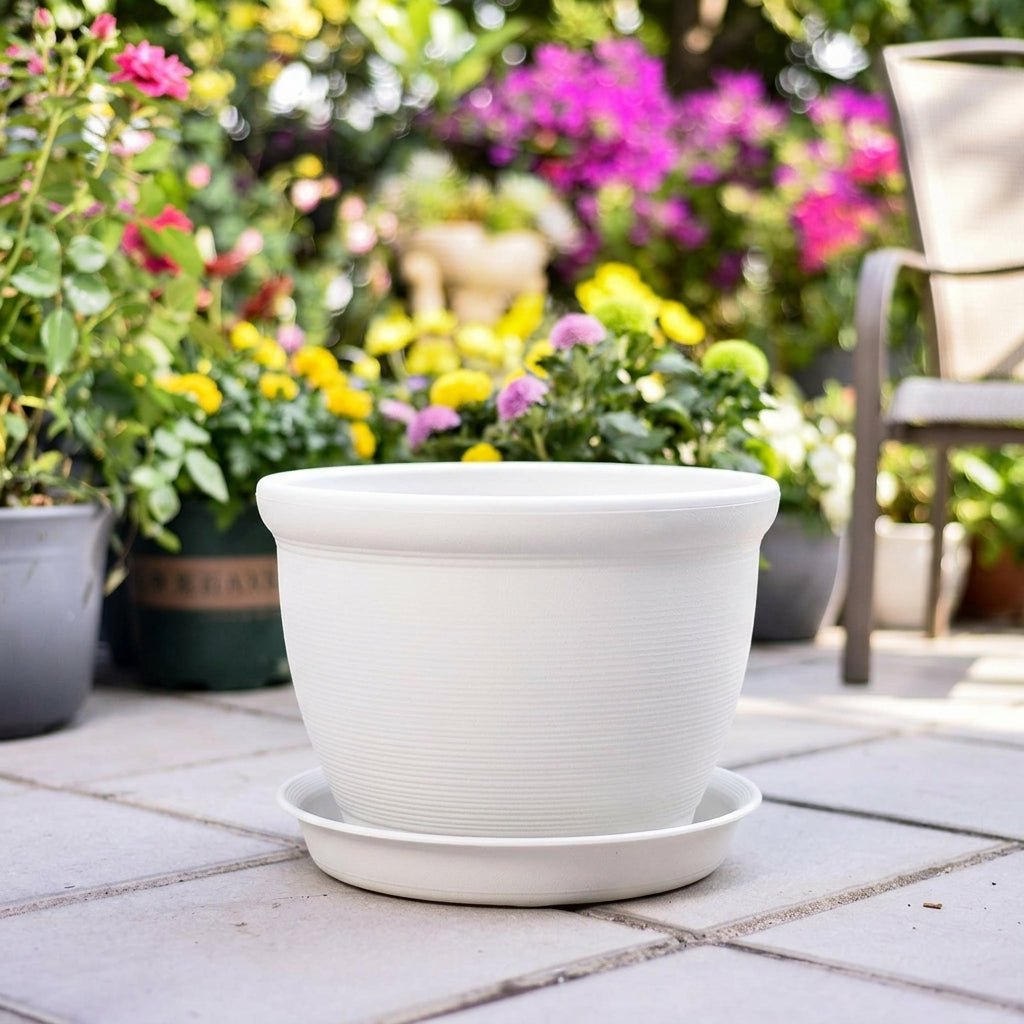 Contemporary Planter Round Indoor Plant Pot in Faux-Pottery Style, Water Saving Drought Resistant Pot for Coffee Table and Balcony Planter Decor