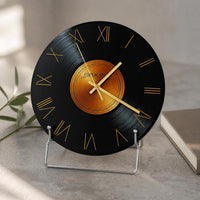 Retro Vinyl Record Desktop Clock with Stand, Italian Minimalist Tempered Glass Table Clock for Living Room Decor