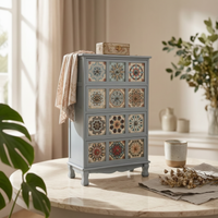 Wooden Storage Cabinet Geometric Vintage Cabinet Wooden Sideboard Tile-Like Sturdy Legs Decorative