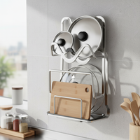 Stainless Steel Wall-Mounted Pot Lid Holder with Chopping Board Rack, Punch-Free Kitchen Organizer