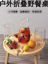 野餐露营小桌子水果便携木质托盘餐盘折叠圆形酒桌户外零食木托盘