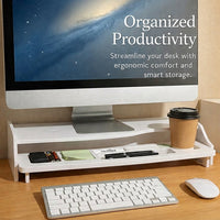 2 Tier Monitor Stand Riser with Desk Storage, Desktop Organizer for Home Office Accessories, Computer with Shelf, PVC Wood Board