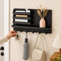 Black Carbon Steel Key Holder, Wall Mounted Key Hanger with Multiple Hooks & Mail Slot, Modern Minimalist Key Rack for Entryway Storage