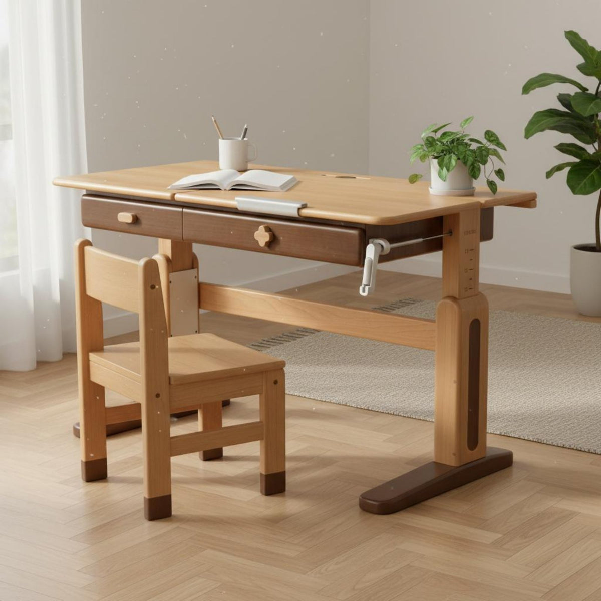 Children's Writing Table Ergonomic Children's Writing Desk Hand Crank Lift Study Table Writing Table Solid Beech Wood Construction Adjustable Height Spacious Drawer Suitable for Home Study Area Bedroom Reading