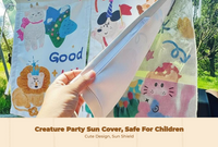 Car window sun and screen, retractable screen, sun protection, privacy, cartoon pattern, for babies and children, suction holder mount, universal fit